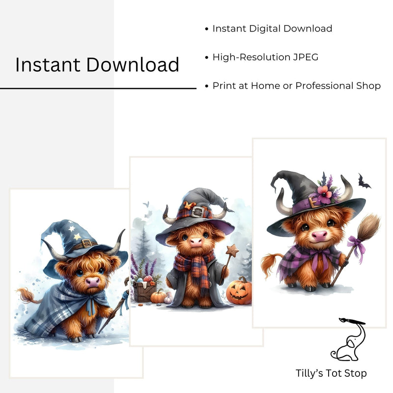 Printable Highland Cow Witch Halloween Wall Art - Set of 3 Digital Prints