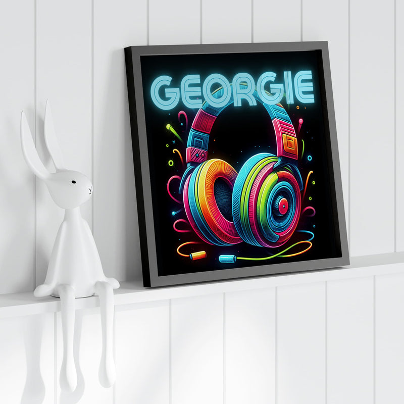 Set of 3 Square Nursery/Bedroom Prints, featuring vibrant, Neon DJ inspired Images on a black background