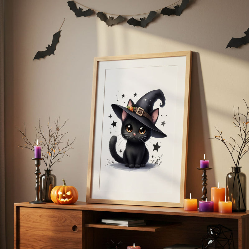 Set of 3 Cute Anime Kawaii Style Childrens Art - featuring a witch with black hair and brown eyes, black cat with brown eyes, personalised letter filled with purple witches hats, pumpkins and bat pattern