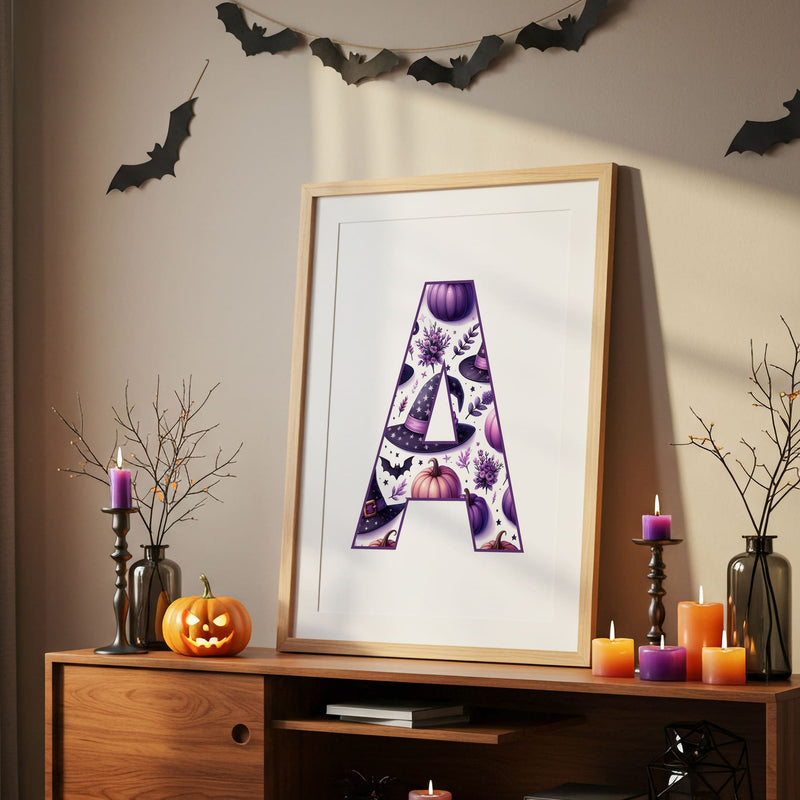 Set of 3 Cute Anime Kawaii Style Childrens Art - featuring a witch with black hair and brown eyes, black cat with brown eyes, personalised letter filled with purple witches hats, pumpkins and bat pattern