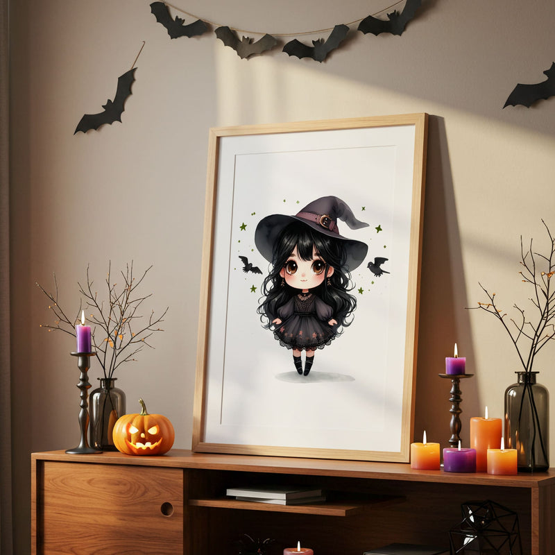 Set of 3 Cute Anime Kawaii Style Childrens Art - featuring a witch with black hair and brown eyes, black cat with brown eyes, personalised letter filled with purple witches hats, pumpkins and bat pattern