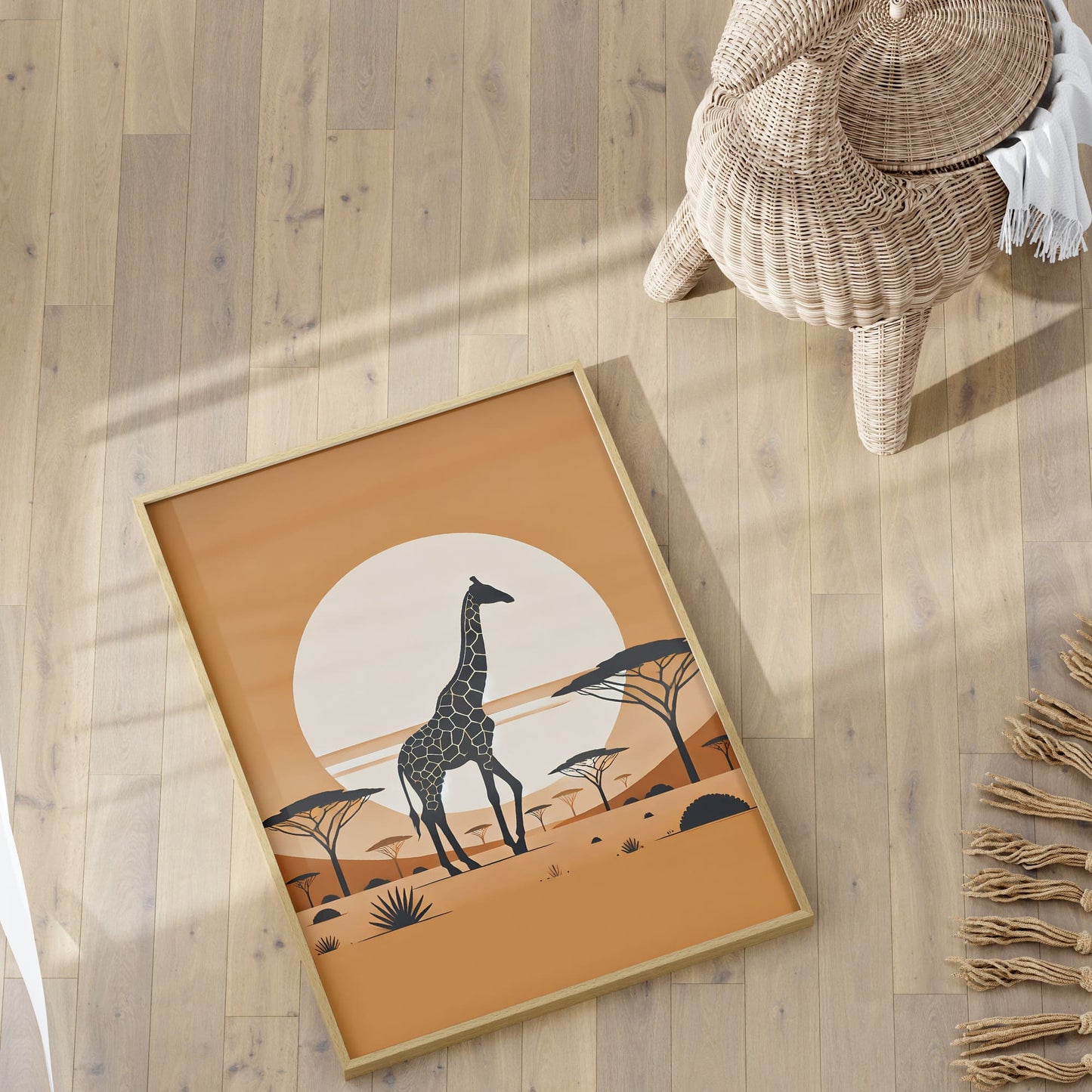 Set of 3 nursery wall prints - an elephant, zebra and giraffe silouettes against rich warm backgrounds - one orange, one ochre and one brown
