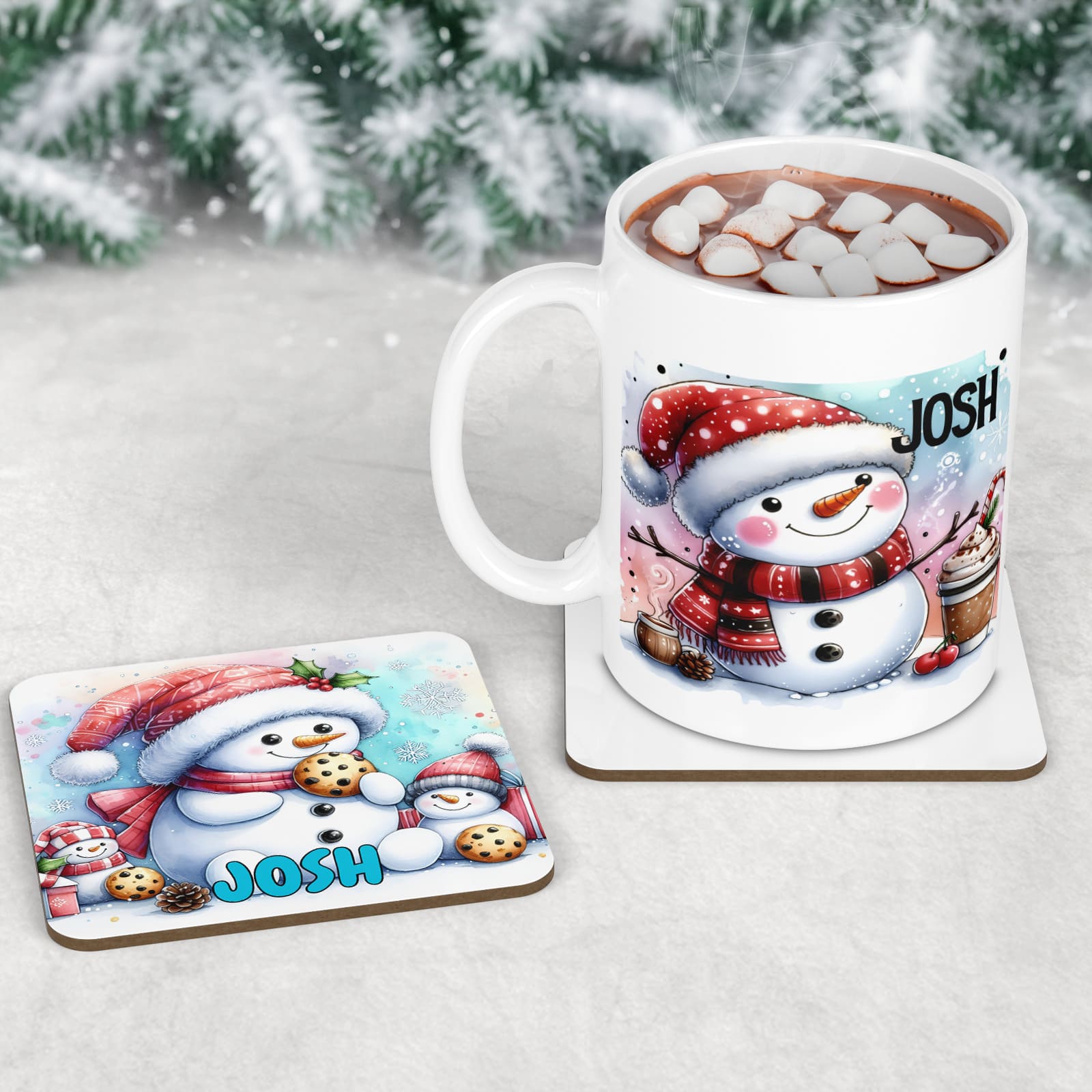 3 piece childrens Christmas dinner table set - a placemat, coaster and mug featuring bright and fun snowman designs, one drinking hot chocolate, one eating cookies and one with a tree and decorations. All personalised with childs name