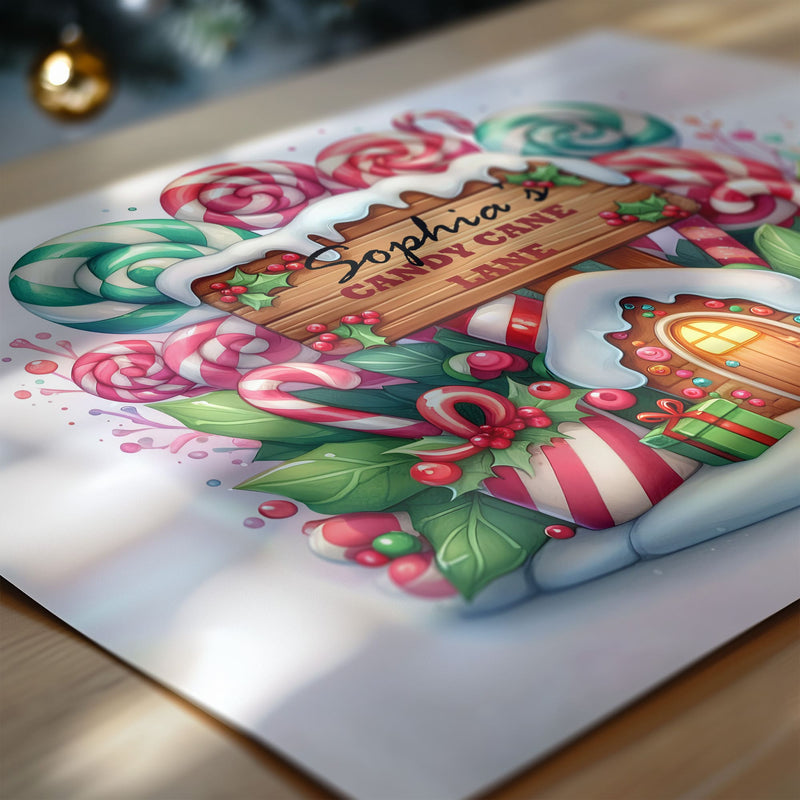 Two A4 Childrens Christmas Personalsied Prints. One with a bright, colourfully decorated Gingerbread house with candycanes and lollipops. One with a vibrant candy cane design with a wooden sign personalised with childs name