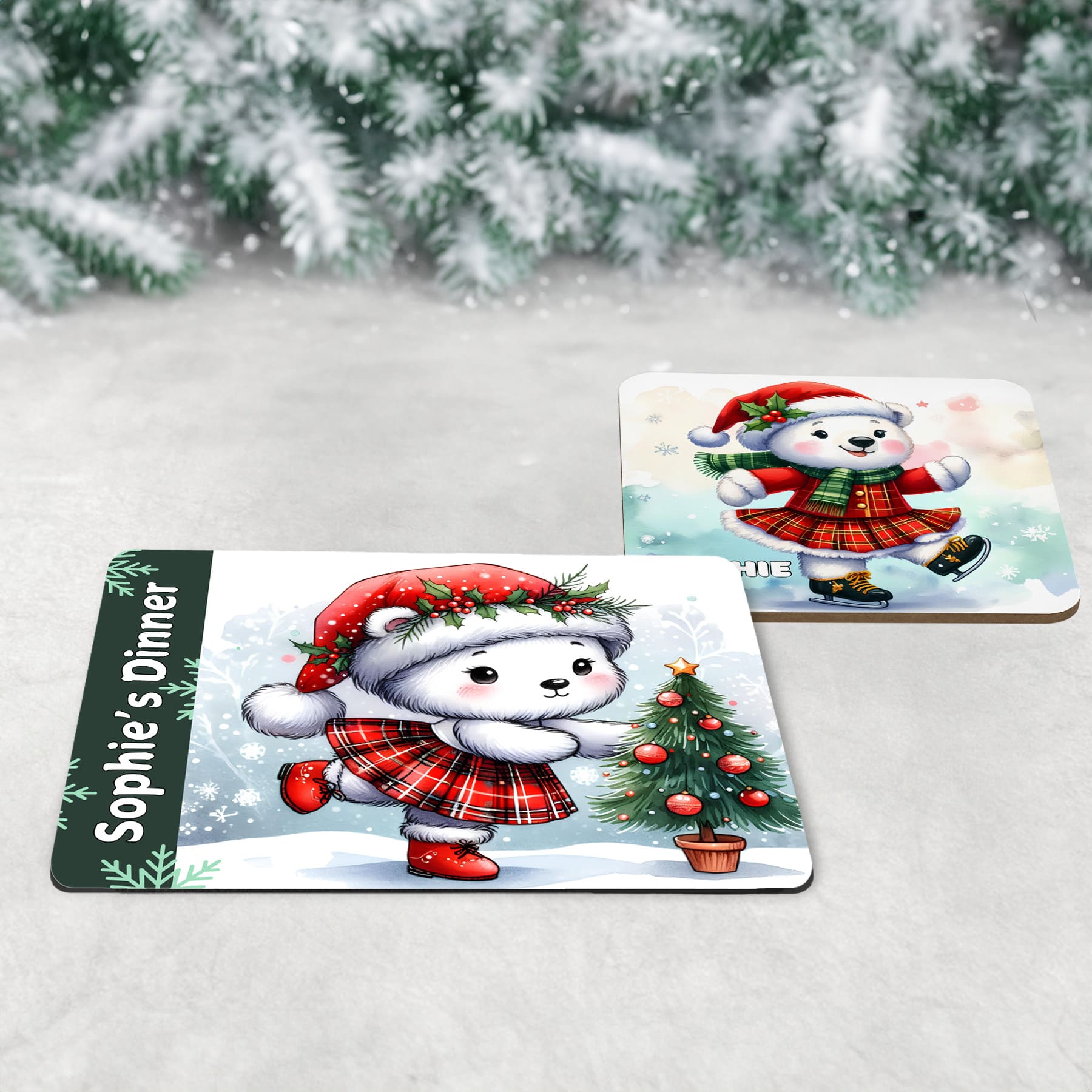 Three piece childrens table set - mug, coaster and placemat. All feature highland dancing polar bear designs, in festive reds and greens. All personalised with childs name