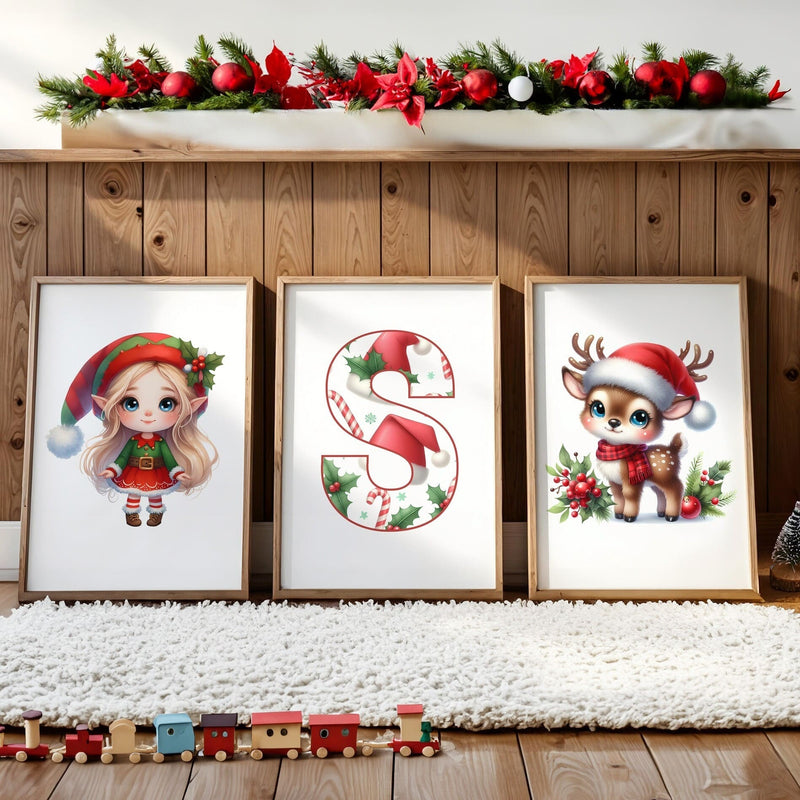 Three Christmas Themes Childrens prints - one blonde haired girl dressed as an elf, a cute reindeer, and a patterned initial letter