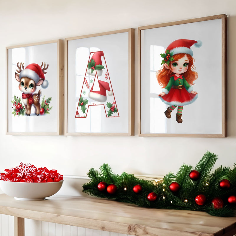 Three Christmas Themes Childrens prints - one red ginger haired girl dressed as an elf, a cute reindeer, and a patterned initial letter