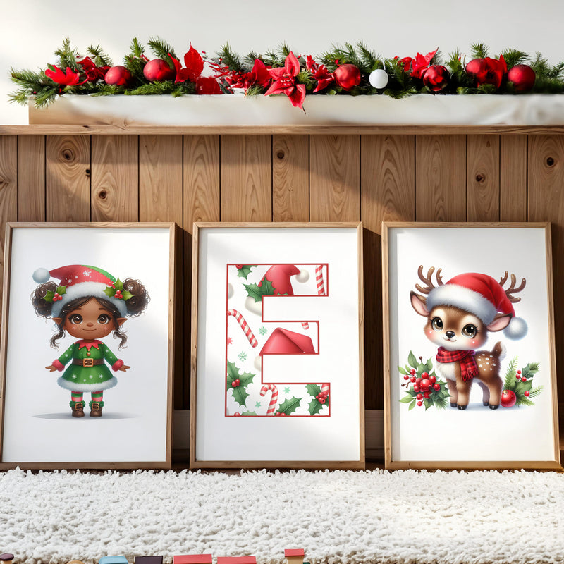 Halloween Nursery Prints Set of 3 | Witch, Cat & Pumpkin Initial | Seasonal Kids Wall Art Prints