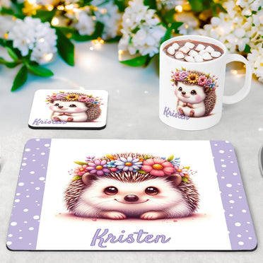 White placemat, mug and coaster set with adorable hedgehog wearing a flower crown. Personalised with your childs name in lilac