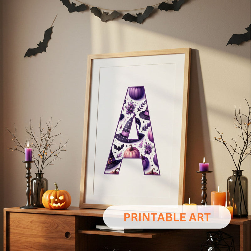 Three Halloween-themed digital (downloadable) prints featuring a black cat, letter 'A', and a girl in a witch hat on a wall with decorative bats.