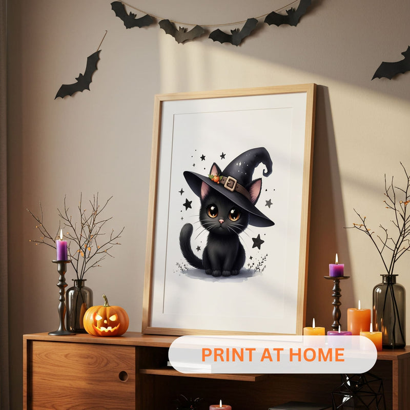 Three Halloween-themed digital (downloadable) prints featuring a black cat, letter 'A', and a girl in a witch hat on a wall with decorative bats.