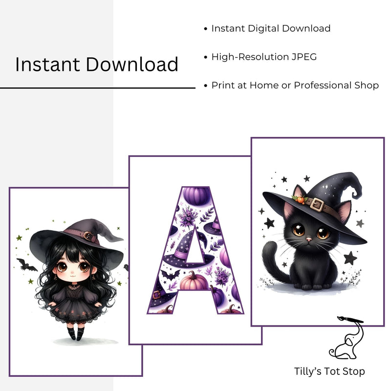 Three Halloween-themed digital (downloadable) prints featuring a black cat, letter 'A', and a girl in a witch hat on a wall with decorative bats.