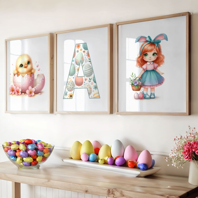 Three Easter Framed Childrens prints - one red ginger haired girl dressed as bunny, a chick, and a patterned initial letter