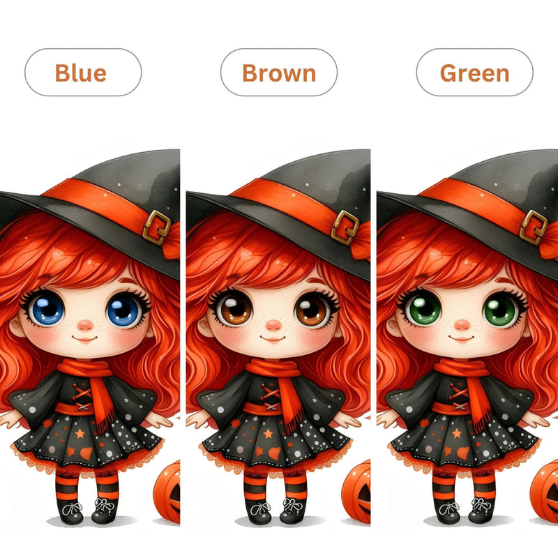 Three versions of a cartoon character in a witch costume with pumpkin decorations, different coloured eyes labeled Blue, Brown, and Green.