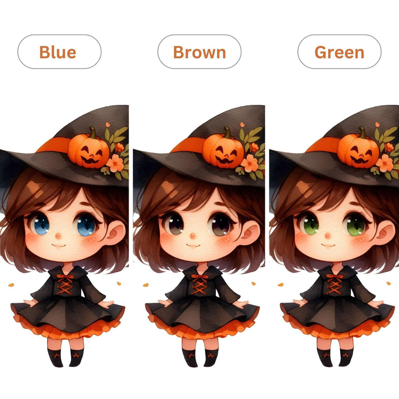 Three versions of a cartoon character in a witch costume with pumpkin decorations, different coloured eyes labeled Blue, Brown, and Green.