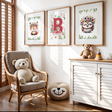 Flowery Woodland Animals | Set of 3 Personalised Nursery Prints