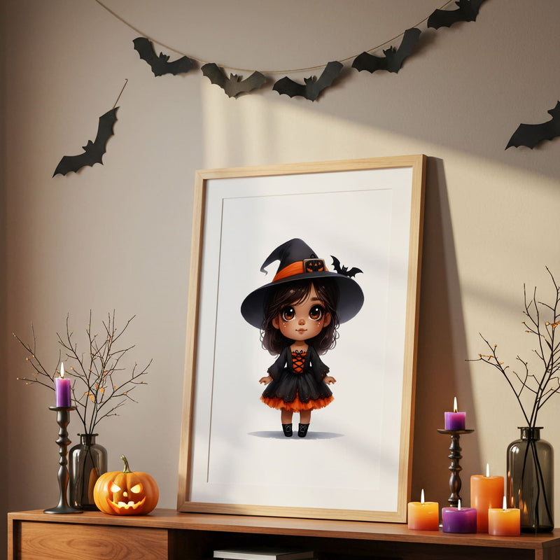 Halloween Nursery Prints Set of 3 | Witch, Cat & Initial | Seasonal Kids Wall Art Prints