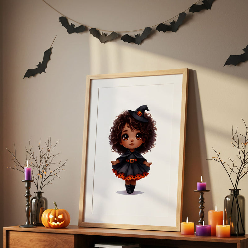Halloween Nursery Prints Set of 3 | Witch, Cat & Pumpkin Initial | Seasonal Kids Wall Art Prints
