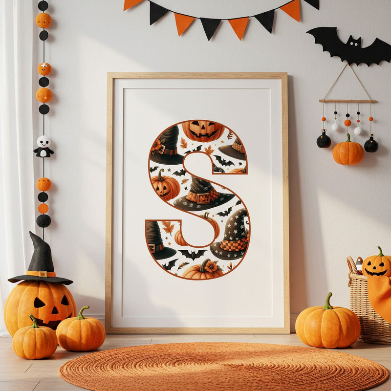 Halloween Childrens Print - Personalised Initial Letter in a Holloween Orange and Black Pattern