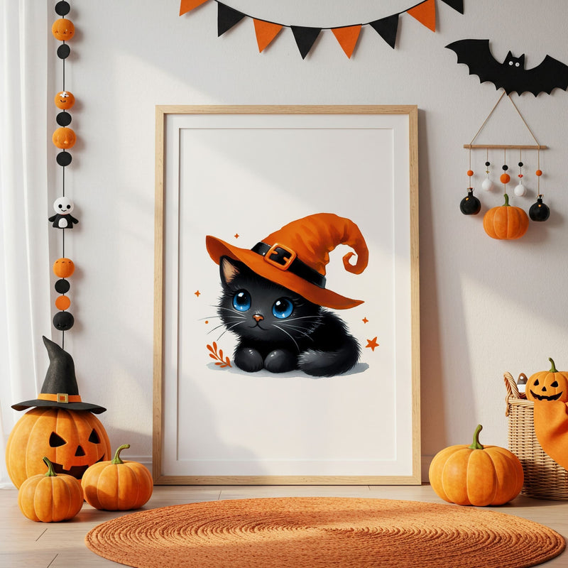 Halloween Childrens Print of a Black Cat with Bright Orange Details