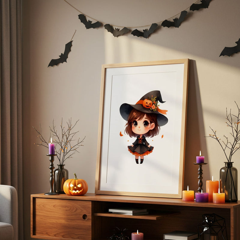 Halloween Childrens Print - Cute Girl with brown hair dressed as a witch