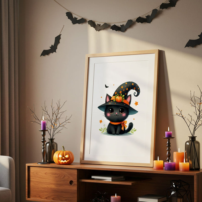 Halloween Childrens Print of a Black Cat with Bright Orange Details