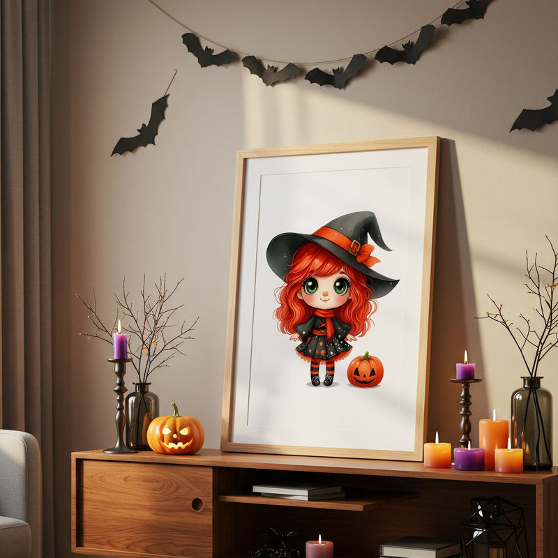 Halloween Childrens Print - Cute Girl with red ginger hair dressed as a witch