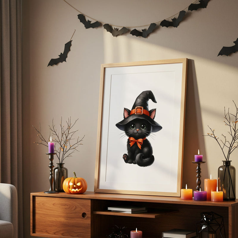 Halloween Childrens Print of a Black Cat with Bright Orange Details