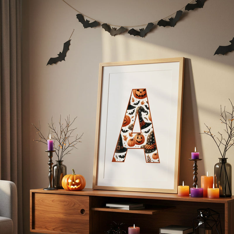 Halloween Childrens Print - Personalised Initial Letter in a Holloween Orange and Black Pattern