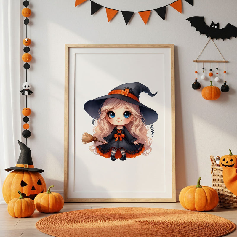 Halloween Childrens Print - Cute Girl with blonde hair dressed as a witch