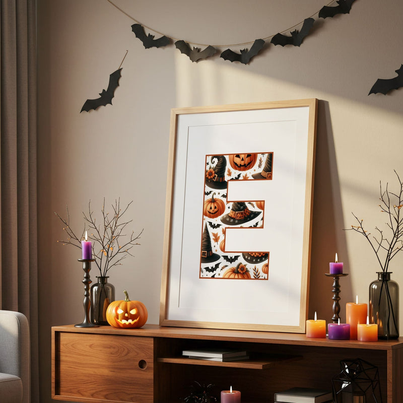 Halloween Nursery Prints Set of 3 | Witch, Cat & Pumpkin Initial | Seasonal Kids Wall Art Prints