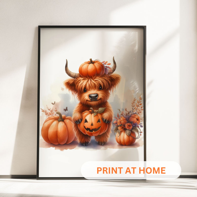 Three framed nursery prints featuring cute Highland cows with pumpkins, perfect for Halloween and autumn-themed nursery decor.