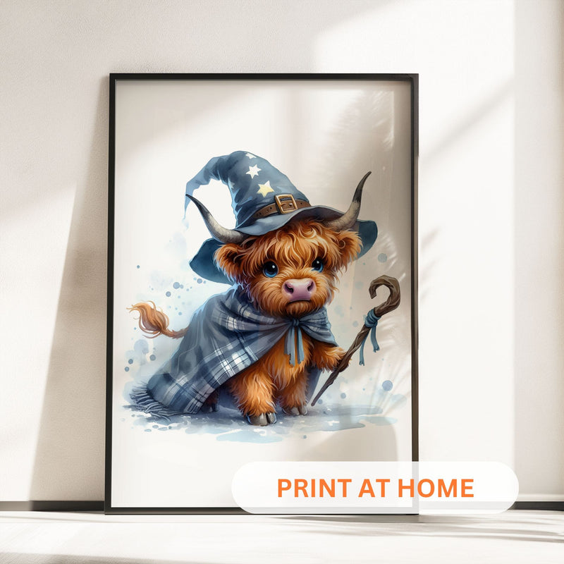 Three prints of cute Highland cows in witch costumes, holding magical props and pumpkins, perfect for Halloween nursery wall art.