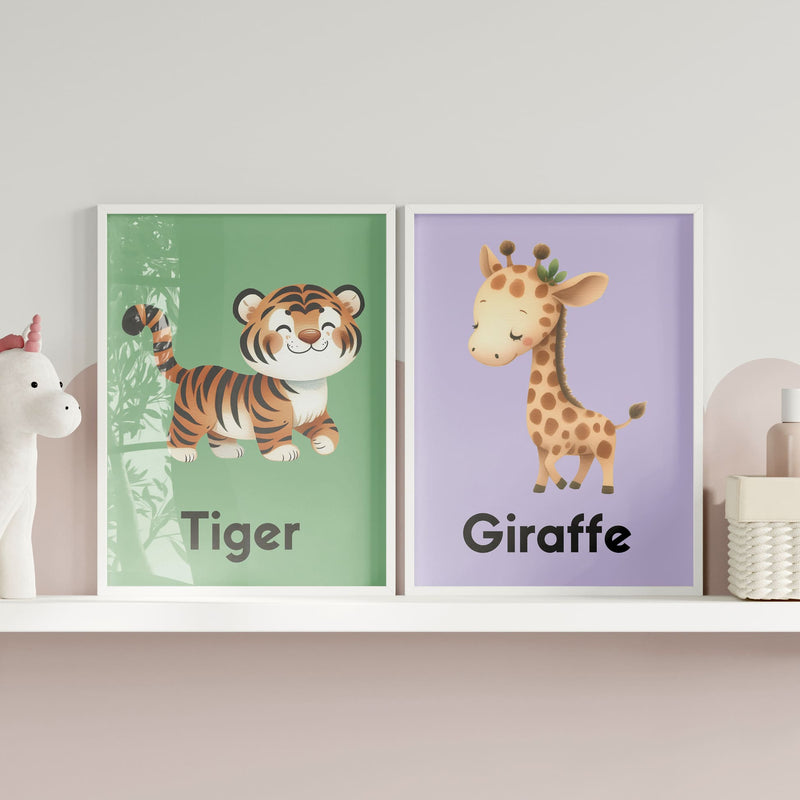 Set of six A6 Prints. All in shades of pink with boho designs - heart, flower, rainbows. One print is personalised with childs name and initial