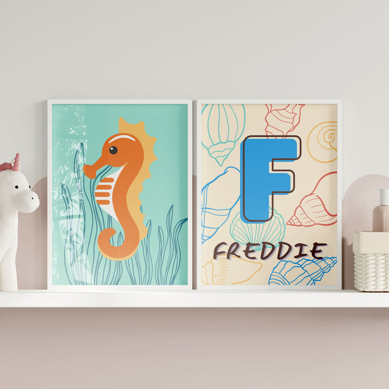 Set of Six A5 Prints. All in beachy colours - blue, sandy, turquoise. Images of Octopus, jellyfish, starfish, crab, seahorse. Simple design suited for young children. One print is personalised with Childs name and initial