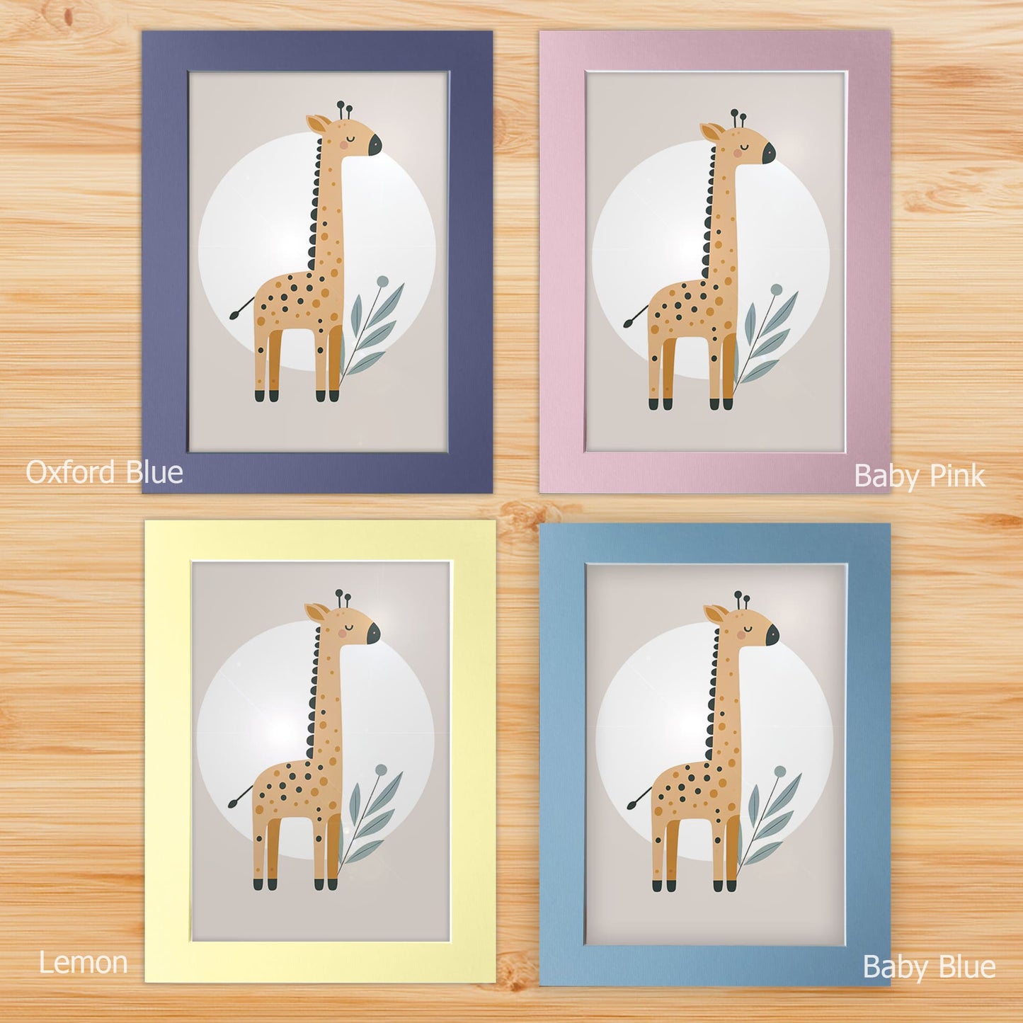 Nursery prints mounted on a white backboard with a choice of coloured front mount - Oxford Blue, Baby Blue, Baby Pink, Lemon. The mount features subtle stripes for added texture.
