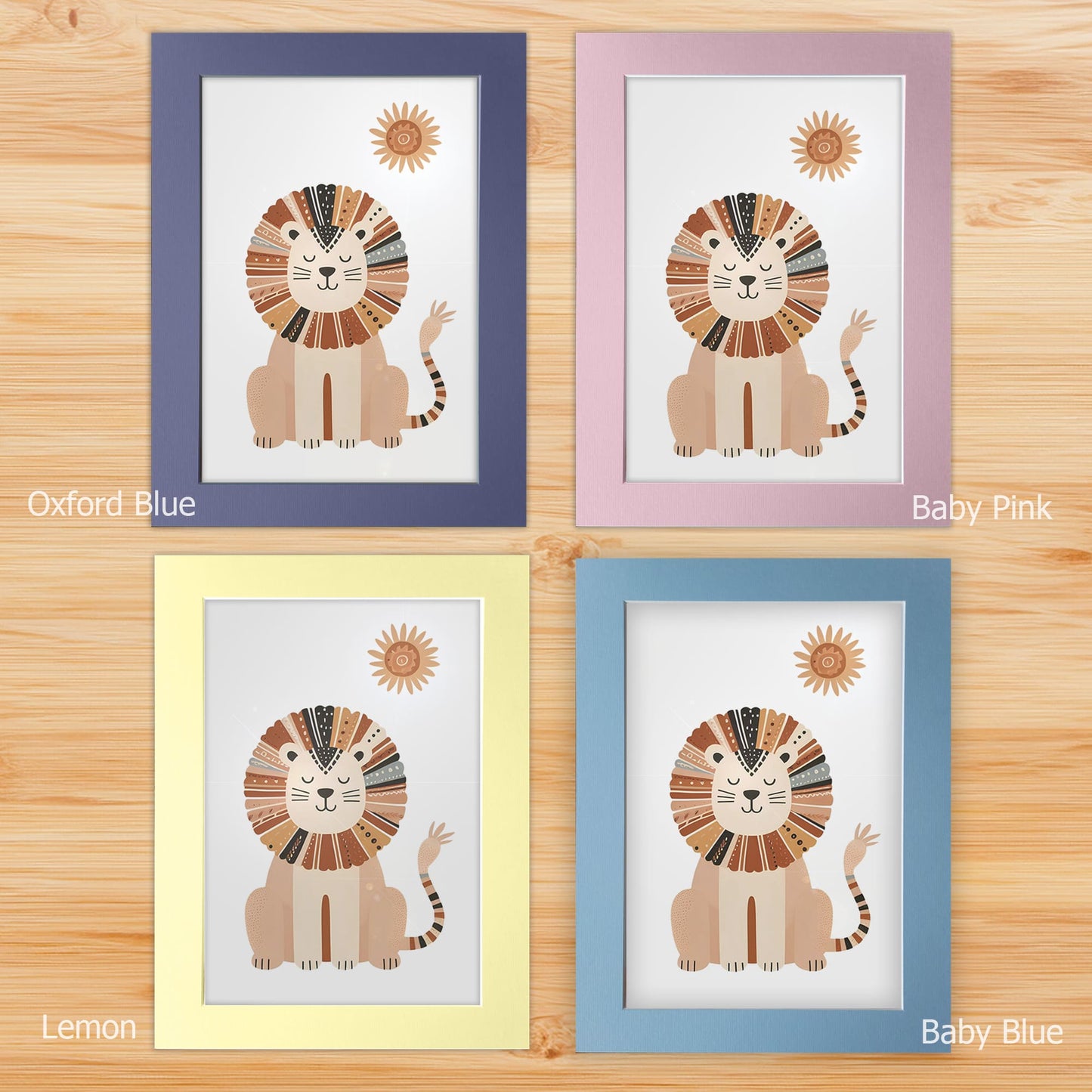 Nursery prints mounted on a white backboard with a choice of coloured front mount - Oxford Blue, Baby Blue, Baby Pink, Lemon. The mount features subtle stripes for added texture.