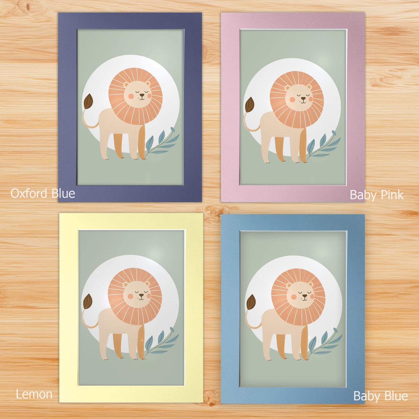 Nursery prints mounted on a white backboard with a choice of coloured front mount - Oxford Blue, Baby Blue, Baby Pink, Lemon. The mount features subtle stripes for added texture.