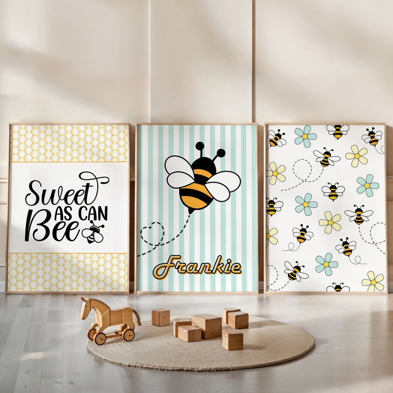 Retro Bumble Bee Nursery Wall Art | Set of 3 Personalised Name Prints
