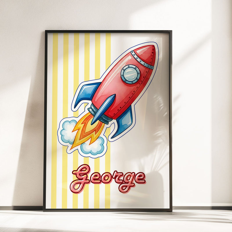 Retro Rocket Ship Nursery Wall Art | Set of 3 Personalised Space Prints