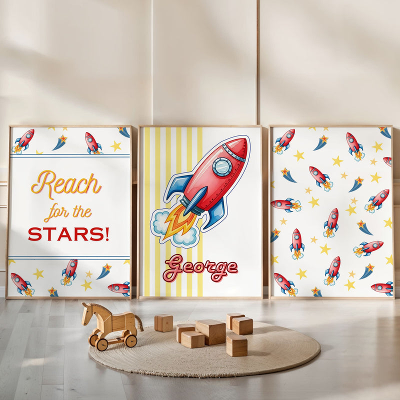 Retro Rocket Ship Nursery Wall Art | Set of 3 Personalised Space Prints