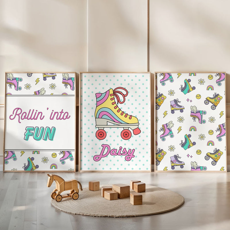 Retro Roller Skate Nursery Wall Art | Set of 3 Personalised Children’s Bedroom Prints
