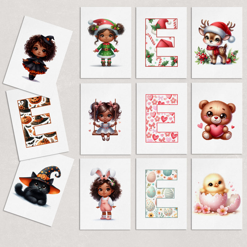 Halloween Nursery Prints Set of 3 | Witch, Cat & Pumpkin Initial | Seasonal Kids Wall Art Prints
