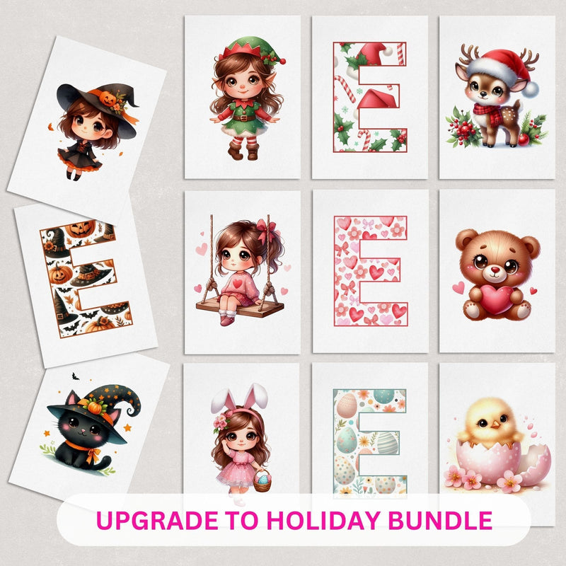 Set of 12 Seasonal Holiday Childrens Prints featuring designs for Christmas, Halloween, Easter and Valentines, personalised with childs initial letter