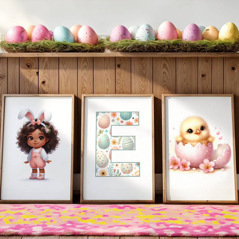 Halloween Nursery Prints Set of 3 | Witch, Cat & Pumpkin Initial | Seasonal Kids Wall Art Prints