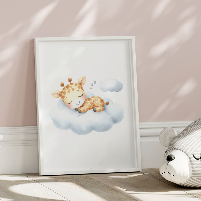Set of three A4 prints in watercolour style. The first print shows a baby tiger sleeping on a cloud, the second depicts a baby elephant sleeping on a cloud, and the third features a baby giraffe sleeping on a cloud.