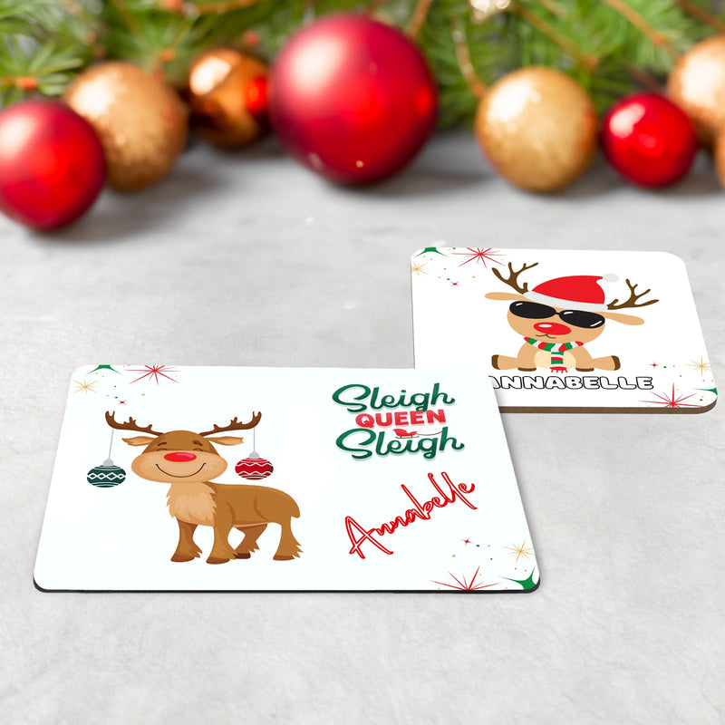 Childrens Christmas dinner set - mug, coaster and placemat. Featuring funky reindeer designs - one with earrings, one dancing and one with cool shades on. "Sleigh Queen Sleigh" quote, and personalised with childs name