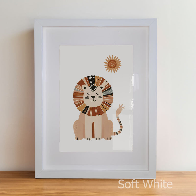 Framed illustration of a lion with a sun on a white background