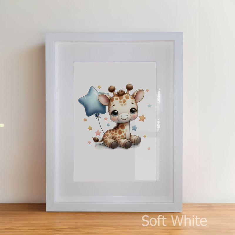 Framed artwork of a cute giraffe holding a blue star balloon on a white background.