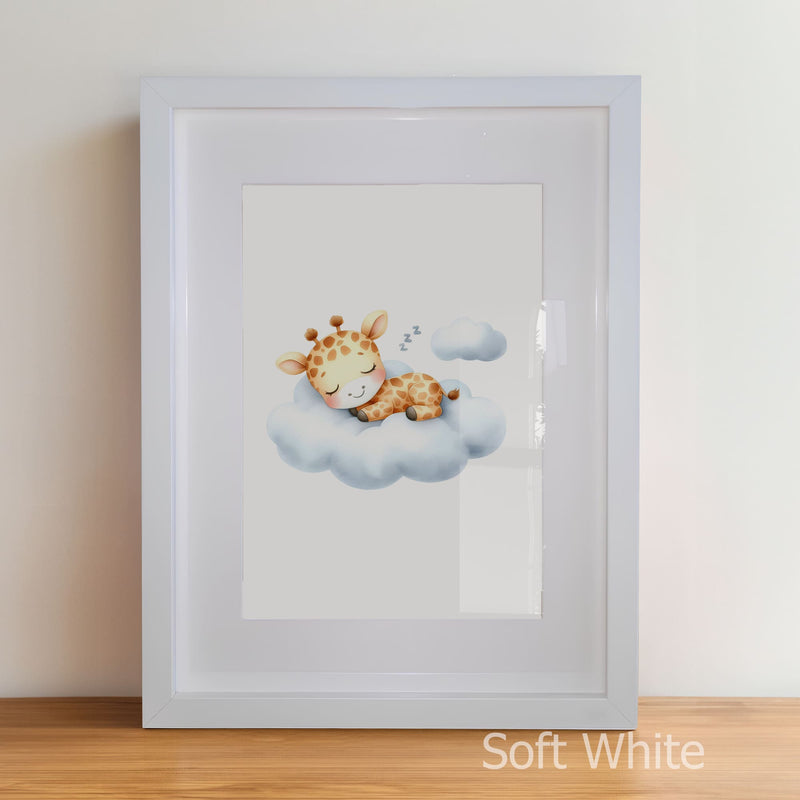 Framed artwork of a giraffe on a cloud
